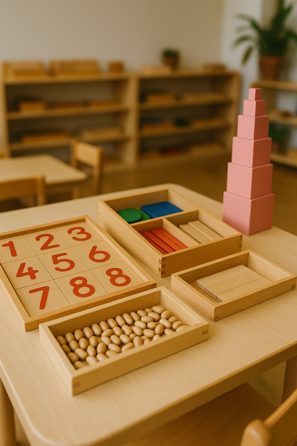 An image of montessori materials in a classroom setting preferably close up
